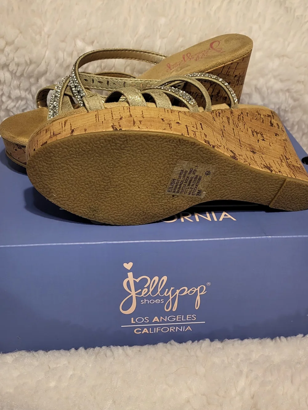 Jellypop Gold Strappy Rhinestone Cork Wedge Sandals